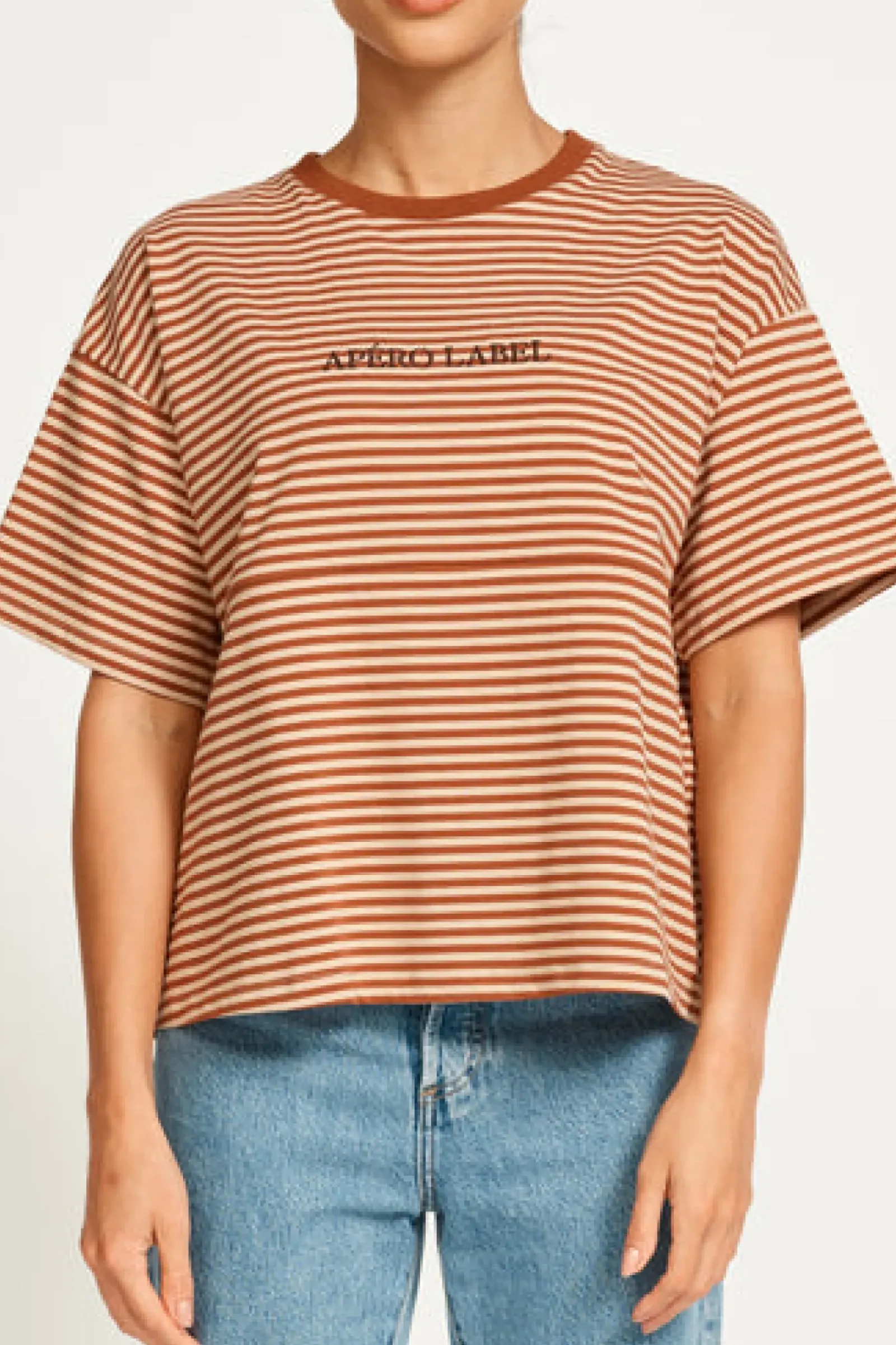 Women Apero Vintage Drop Shoulder Cropped Tee - Brown/Tan Stripe