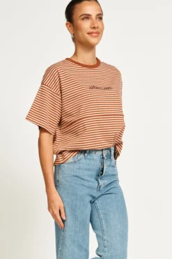 Women Apero Vintage Drop Shoulder Cropped Tee - Brown/Tan Stripe