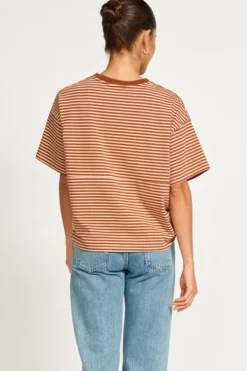 Women Apero Vintage Drop Shoulder Cropped Tee - Brown/Tan Stripe