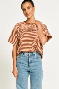 Women Apero Vintage Drop Shoulder Cropped Tee - Brown/Tan Stripe
