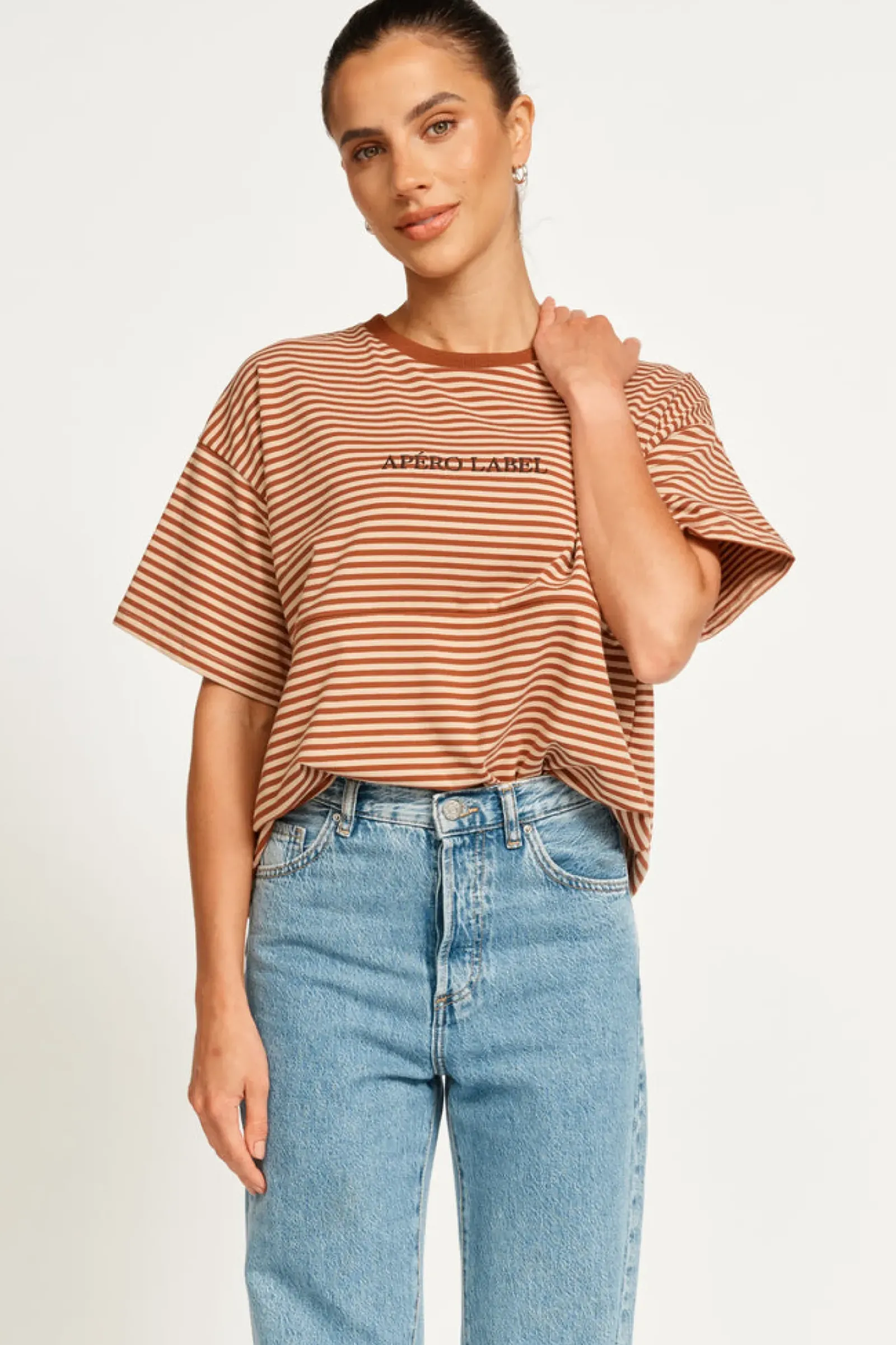 Women Apero Vintage Drop Shoulder Cropped Tee - Brown/Tan Stripe
