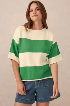Women Ceres Life Boxy Knit Tee- Grass Stripe