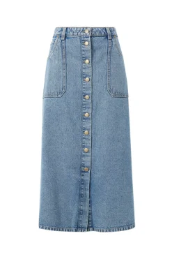 Women Ceres Life Button Through Denim Midi Skirt - Mid Vintage Blue