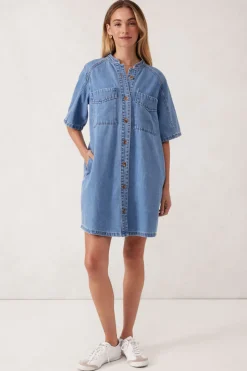 Women Ceres Life Collarless Relaxed Short Sleeve Denim Dress - Vintage Blue