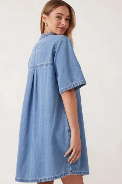 Women Ceres Life Collarless Relaxed Short Sleeve Denim Dress - Vintage Blue