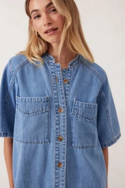 Women Ceres Life Collarless Relaxed Short Sleeve Denim Dress - Vintage Blue