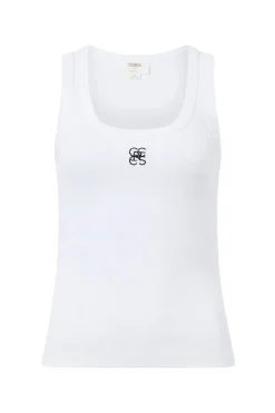 Women Ceres Life Contour Rib Scoop Tank - White/Black Monogram Embroidery
