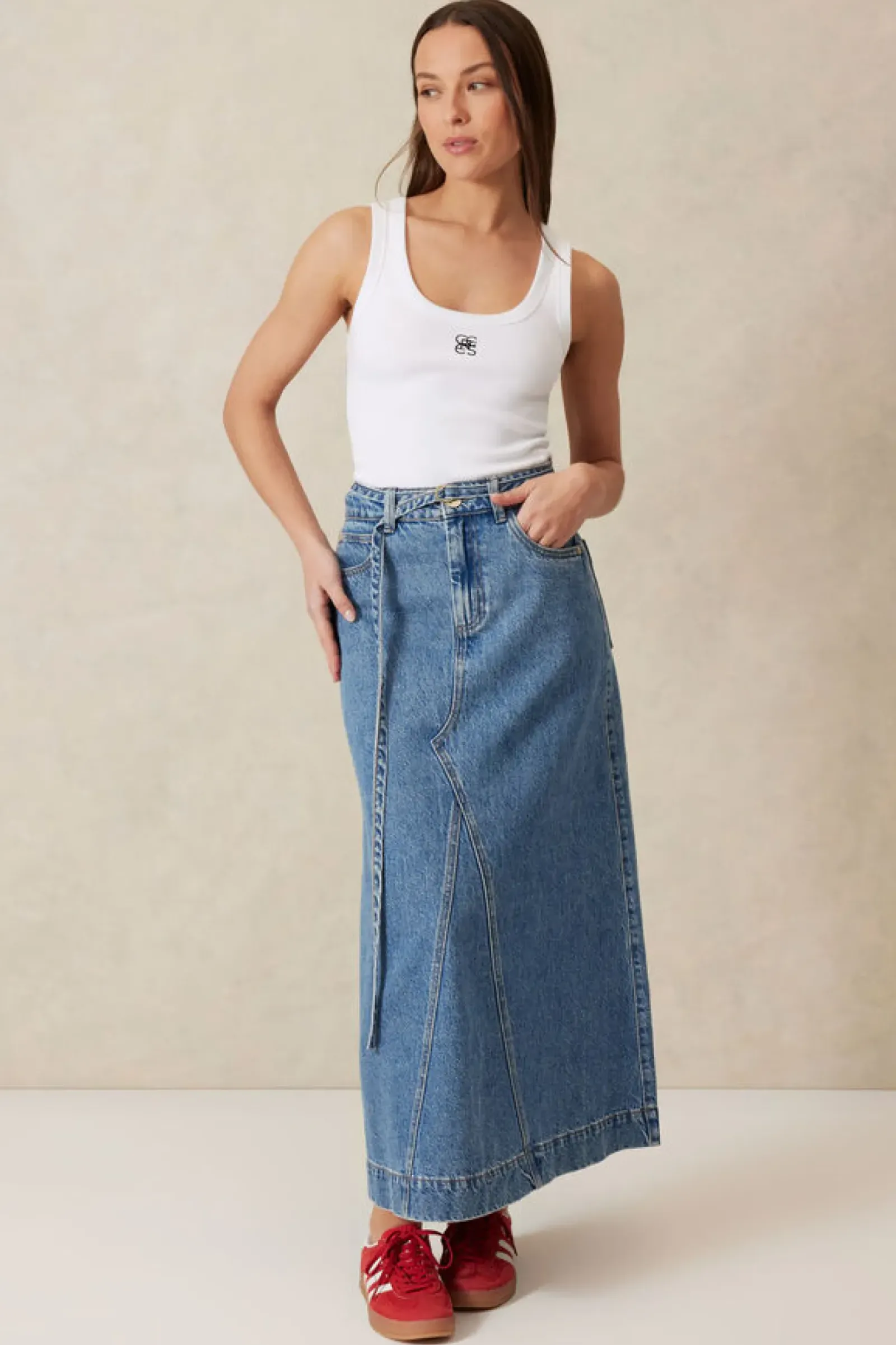 Women Ceres Life Contour Rib Scoop Tank - White/Black Monogram Embroidery