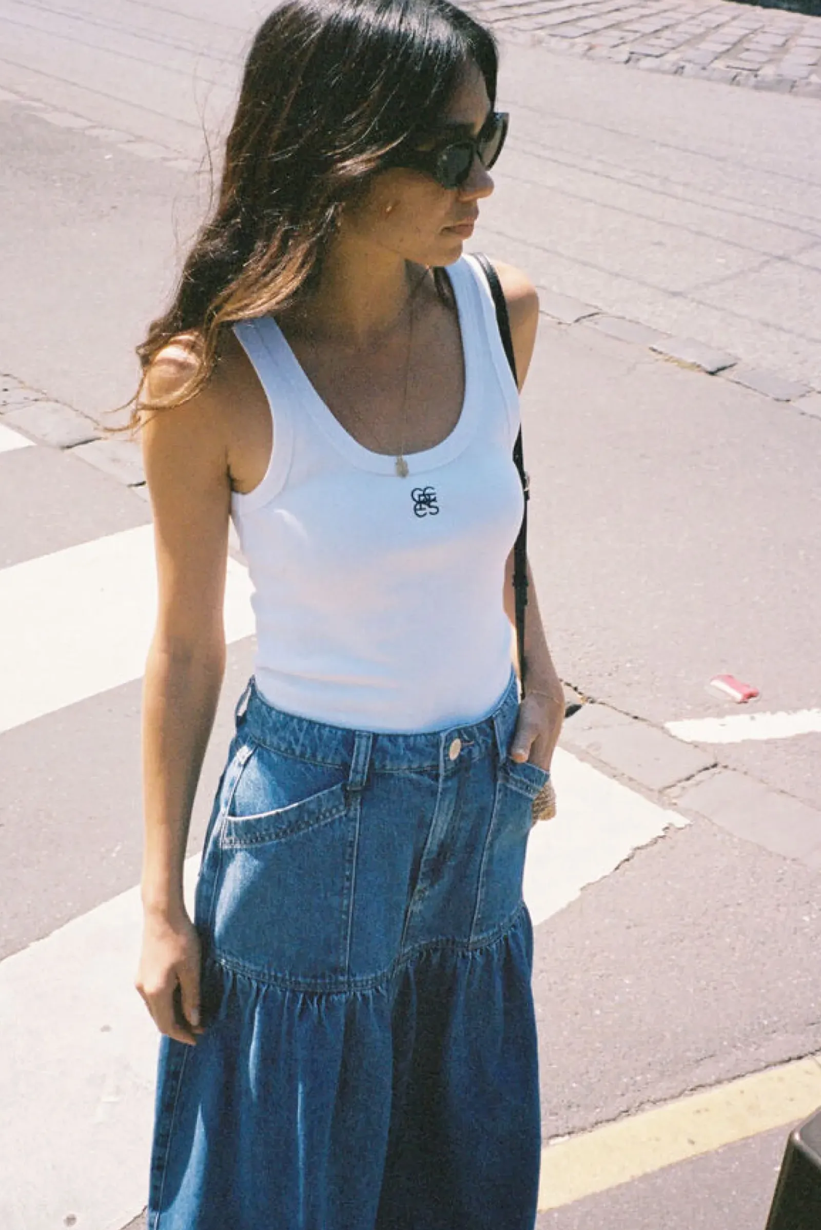 Women Ceres Life Contour Rib Scoop Tank - White/Black Monogram Embroidery