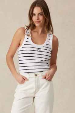 Women Ceres Life Contour Rib Scoop Tank - White/New Navy Monogram Embroidery