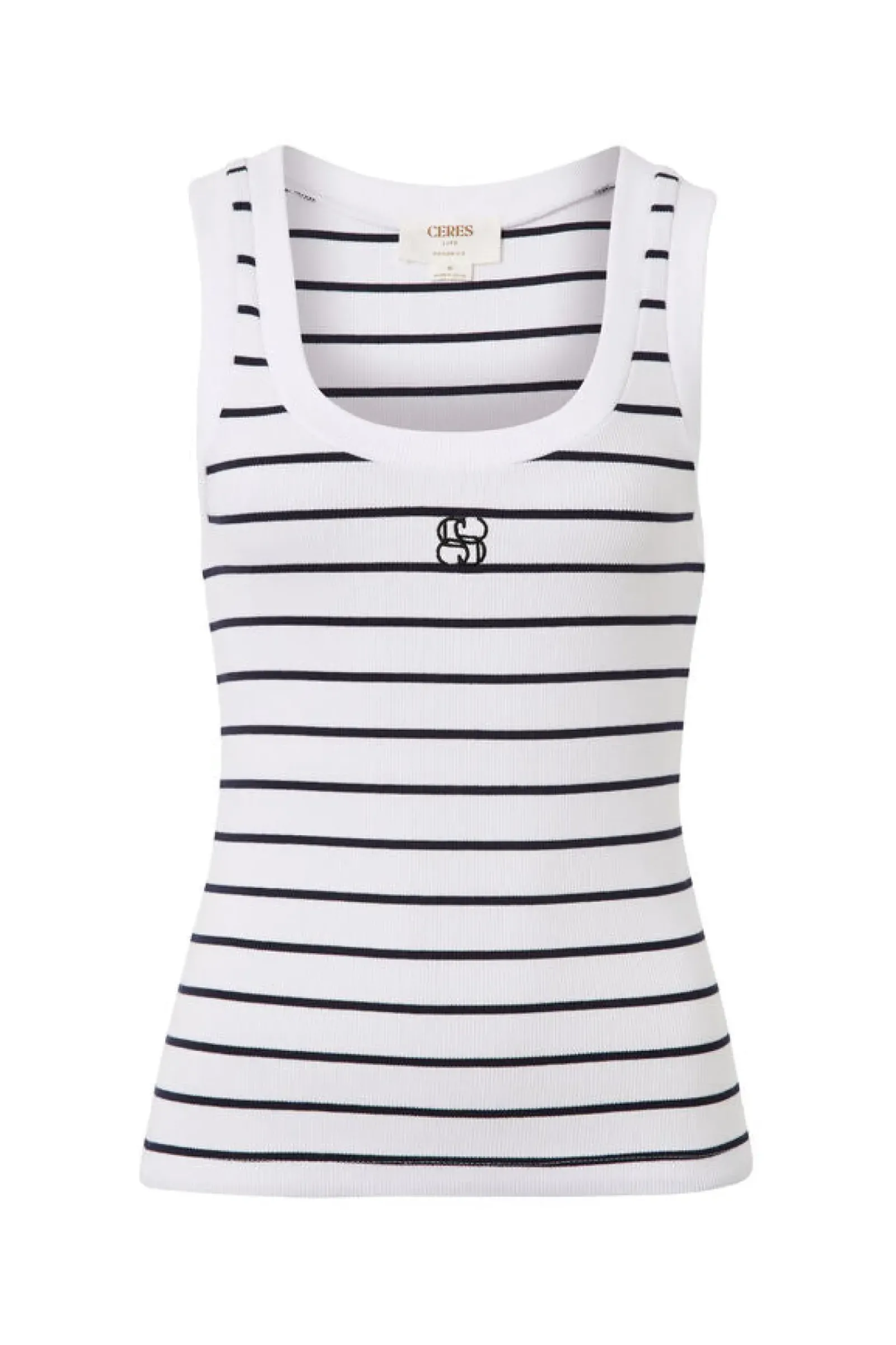 Women Ceres Life Contour Rib Scoop Tank - White/New Navy Monogram Embroidery