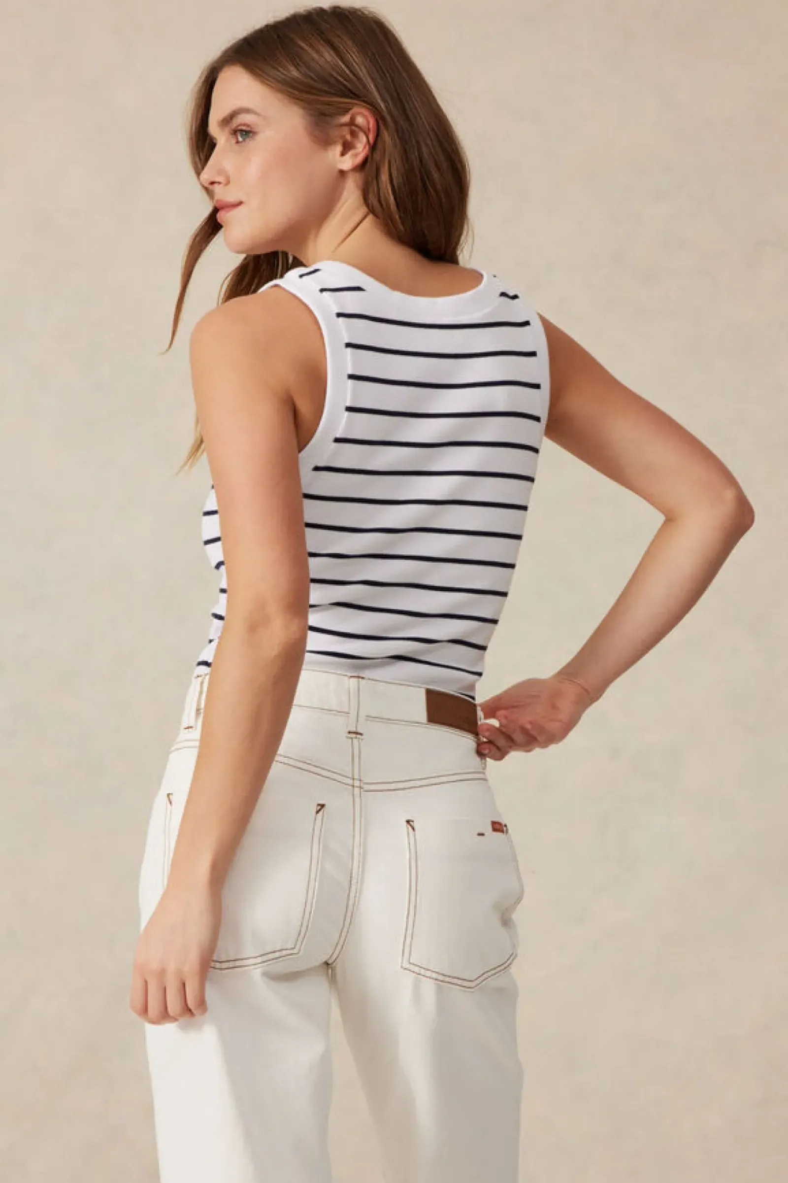 Women Ceres Life Contour Rib Scoop Tank - White/New Navy Monogram Embroidery