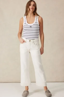 Women Ceres Life Contour Rib Scoop Tank - White/New Navy Monogram Embroidery