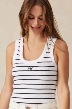 Women Ceres Life Contour Rib Scoop Tank - White/New Navy Monogram Embroidery