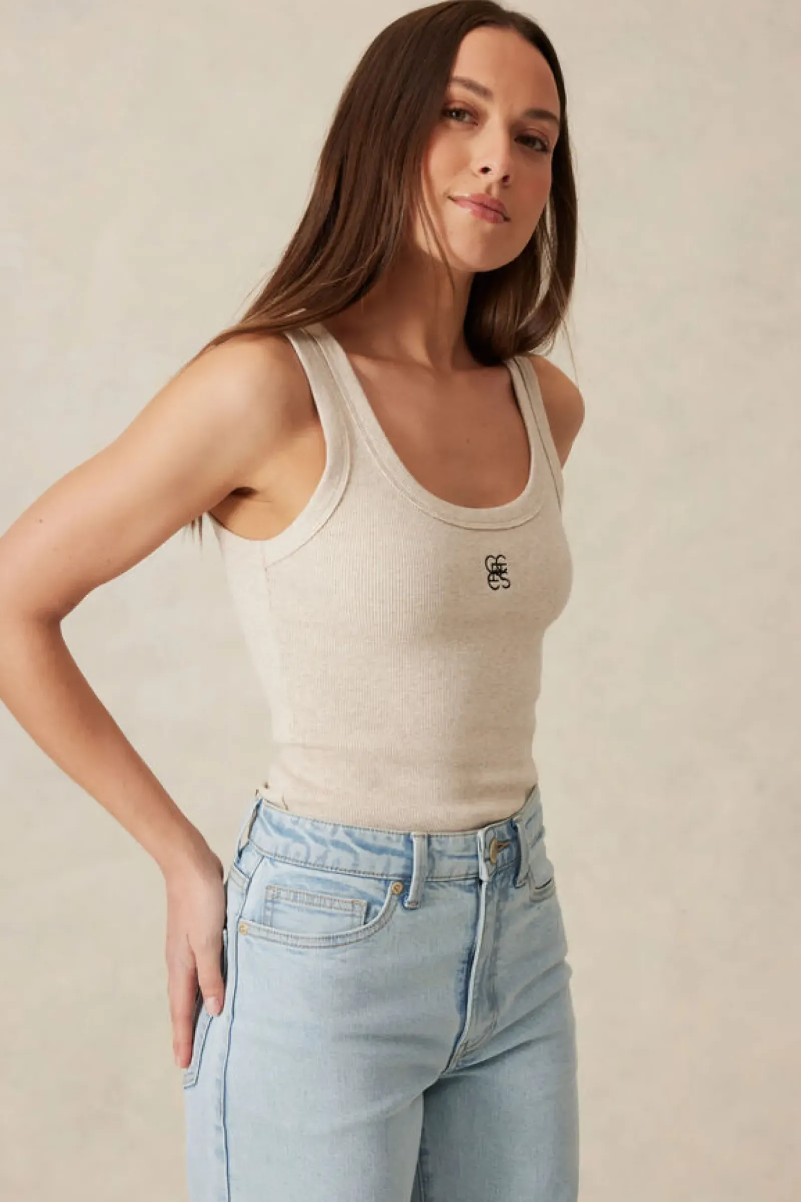 Women Ceres Life Contour Rib Scoop Tank - Oatmeal/Black Monogram Embroidery