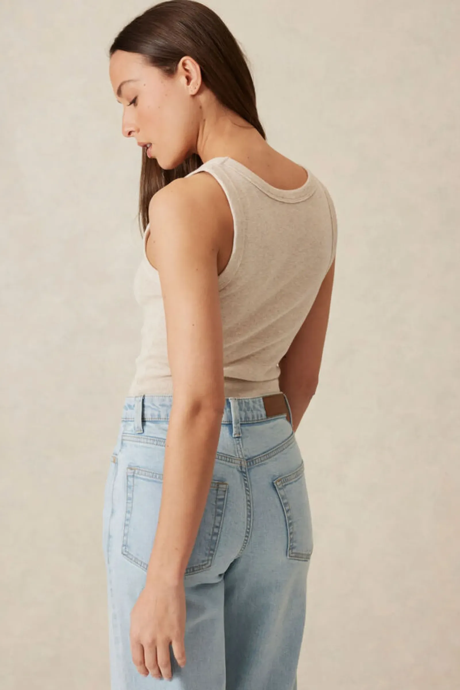 Women Ceres Life Contour Rib Scoop Tank - Oatmeal/Black Monogram Embroidery