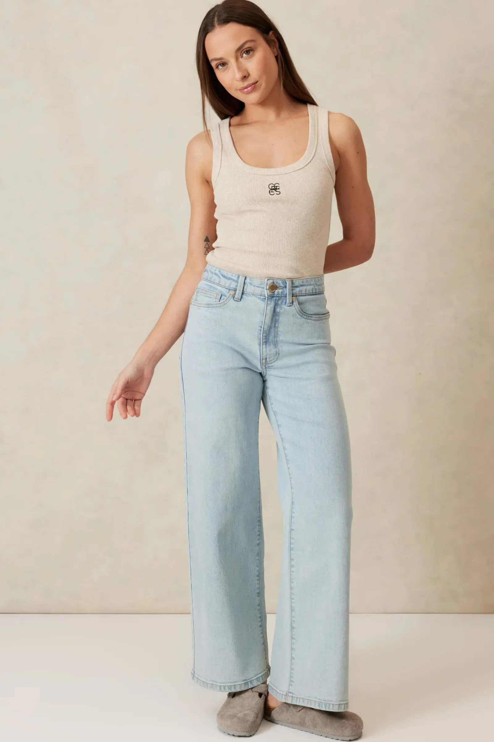 Women Ceres Life Contour Rib Scoop Tank - Oatmeal/Black Monogram Embroidery