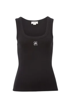 Women Ceres Life Contour Rib Scoop Tank - Black/White Monogram Embroidery