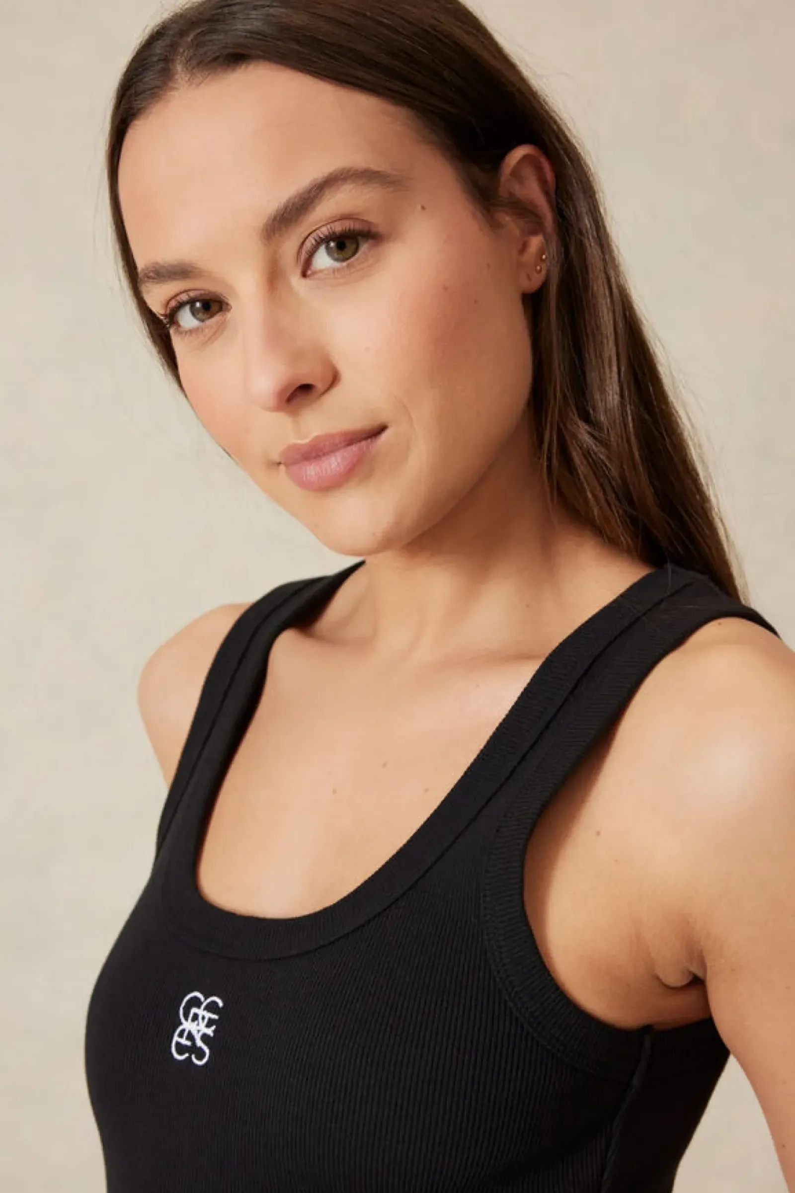 Women Ceres Life Contour Rib Scoop Tank - Black/White Monogram Embroidery