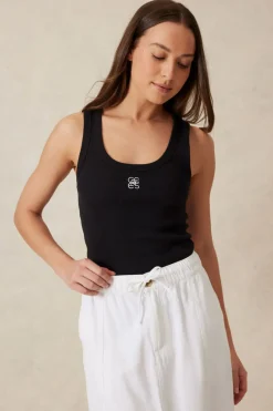 Women Ceres Life Contour Rib Scoop Tank - Black/White Monogram Embroidery