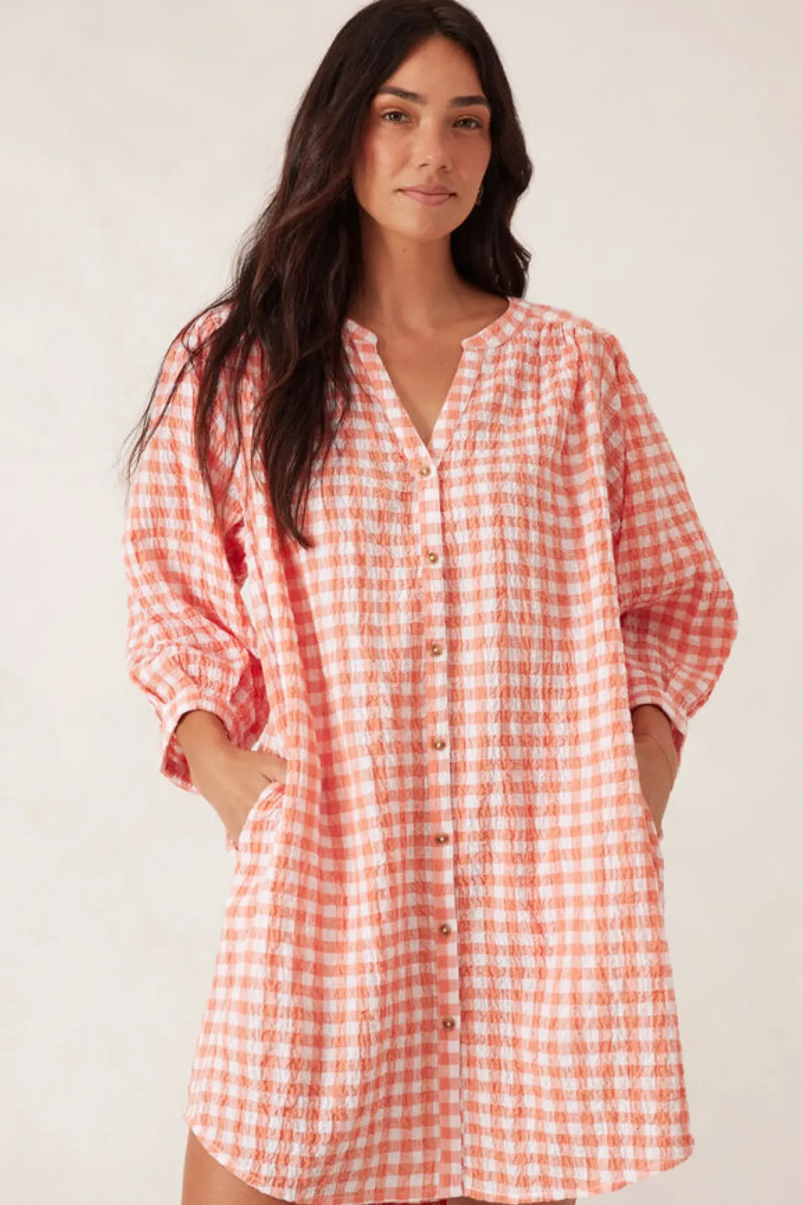Women Ceres Life Crinkle Mini Dress - Coral/White Gingham