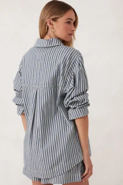 Women Ceres Life Curved Hem Shacket - Lagoon Blue Stripe