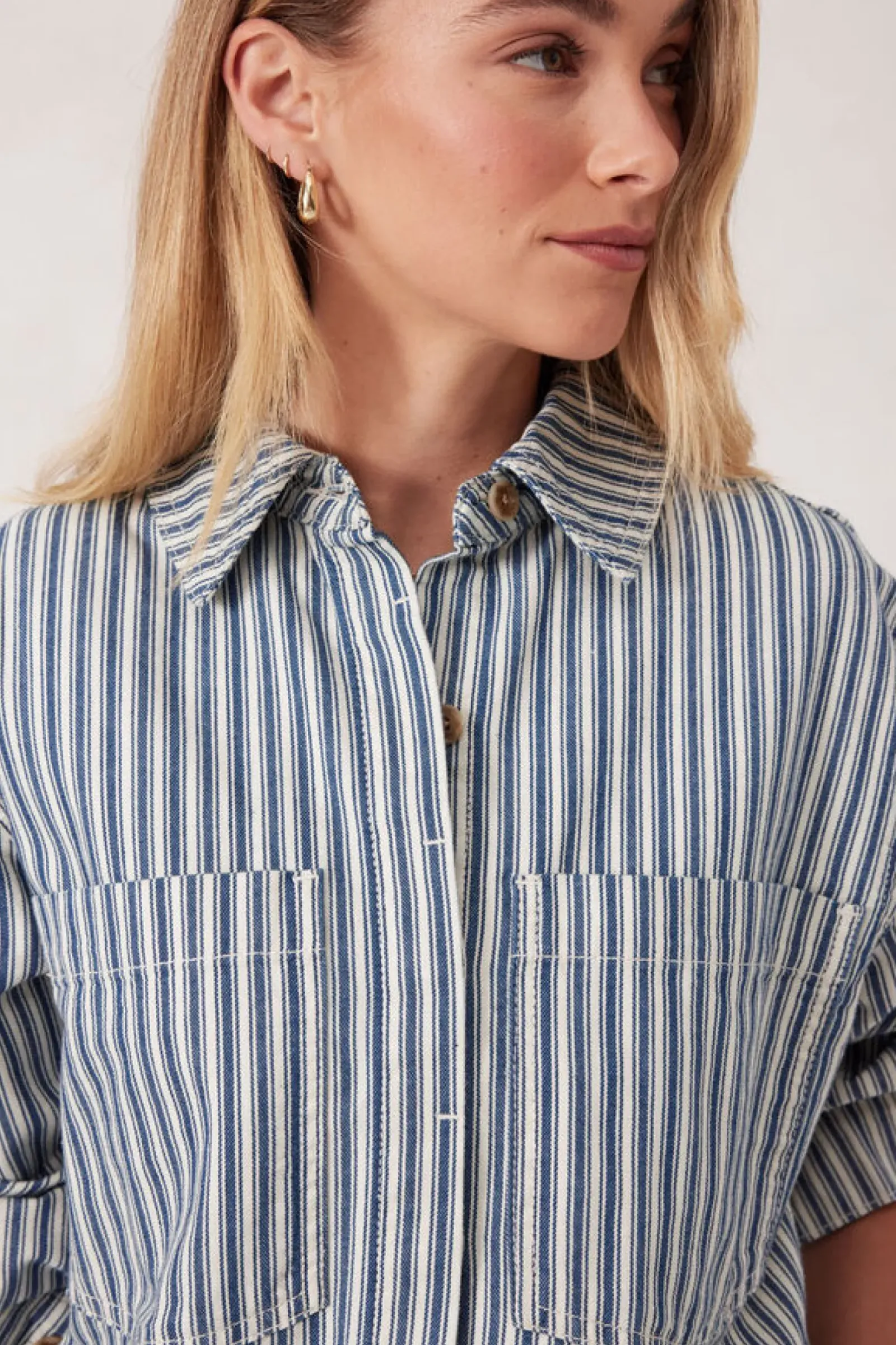 Women Ceres Life Curved Hem Shacket - Lagoon Blue Stripe