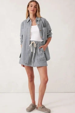 Women Ceres Life Curved Hem Shacket - Lagoon Blue Stripe