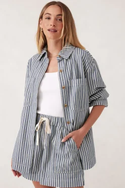 Women Ceres Life Curved Hem Shacket - Lagoon Blue Stripe