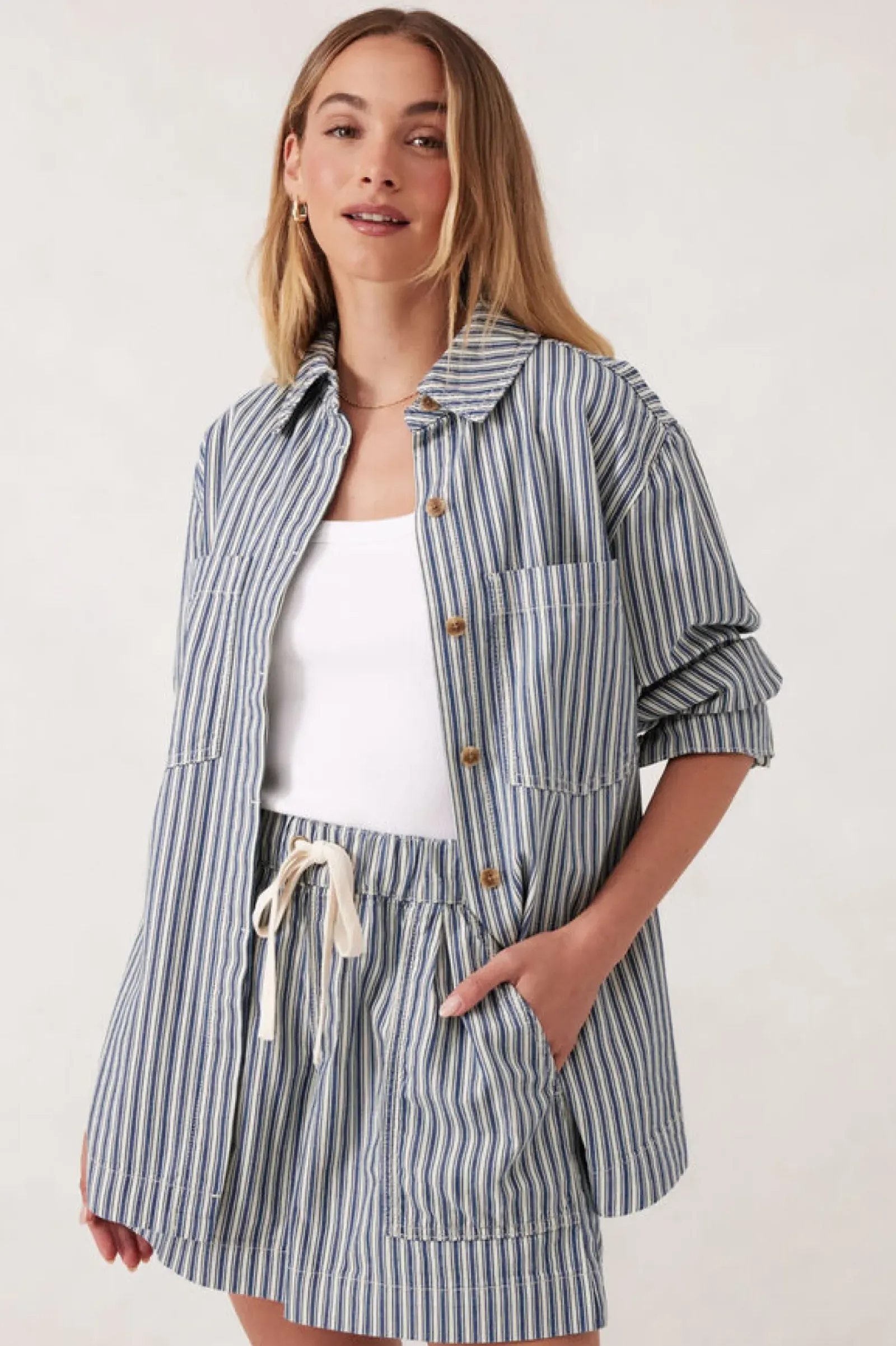 Women Ceres Life Curved Hem Shacket - Lagoon Blue Stripe