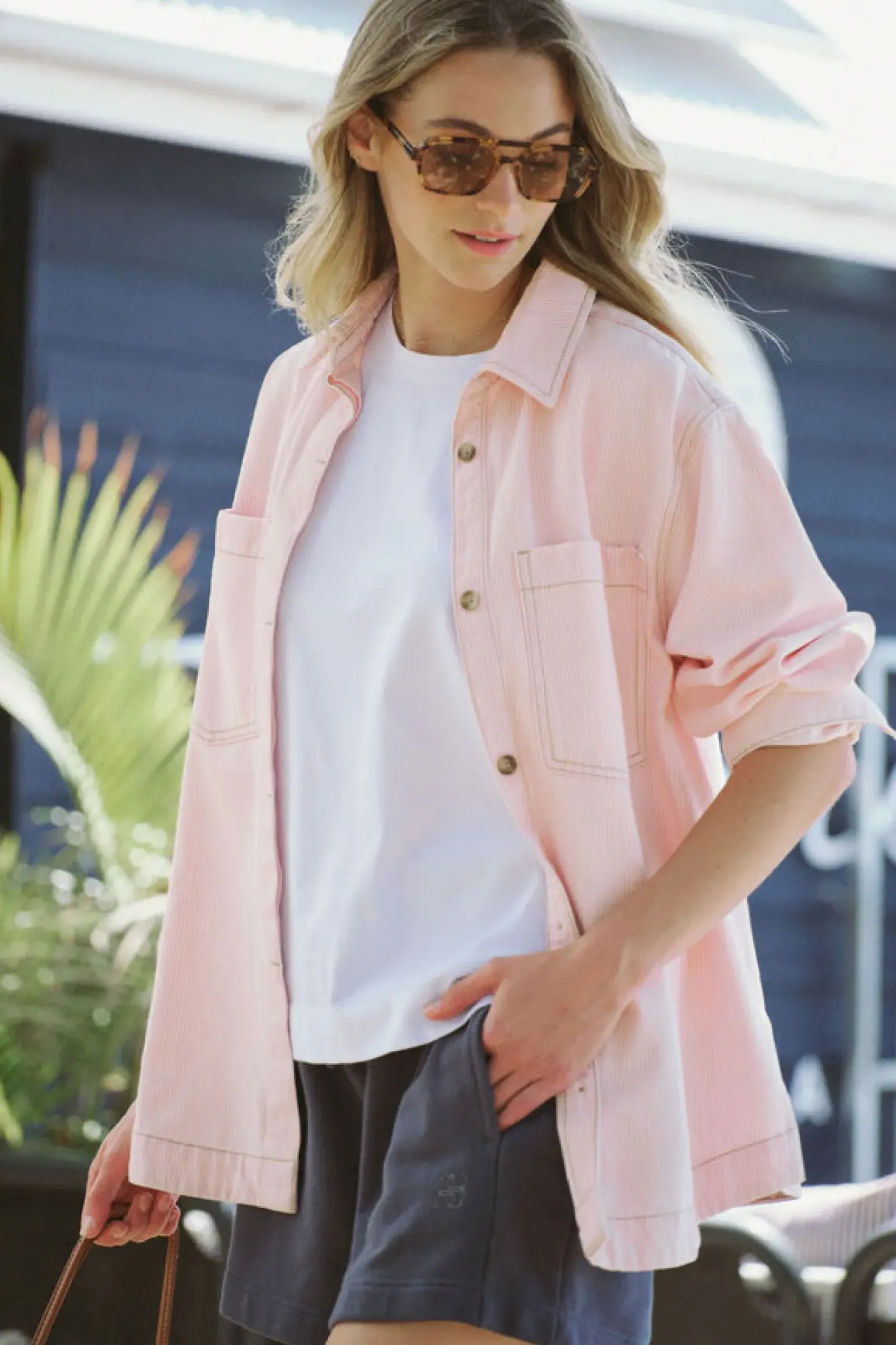 Women Ceres Life Curved Hem Shacket - Washed Coral Stripe