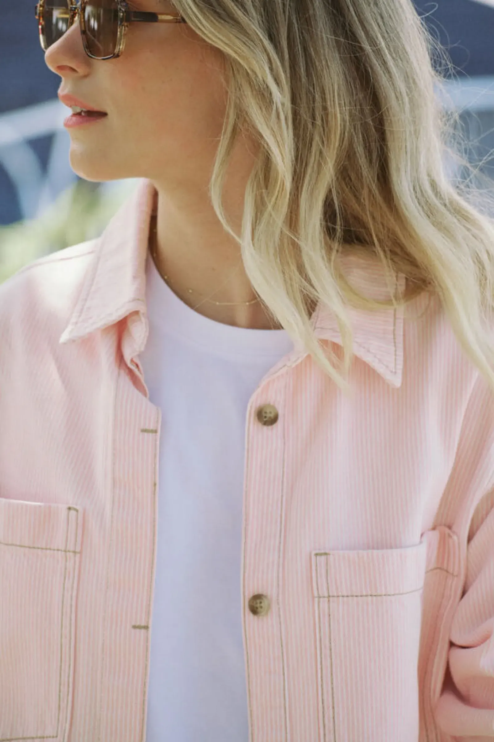 Women Ceres Life Curved Hem Shacket - Washed Coral Stripe