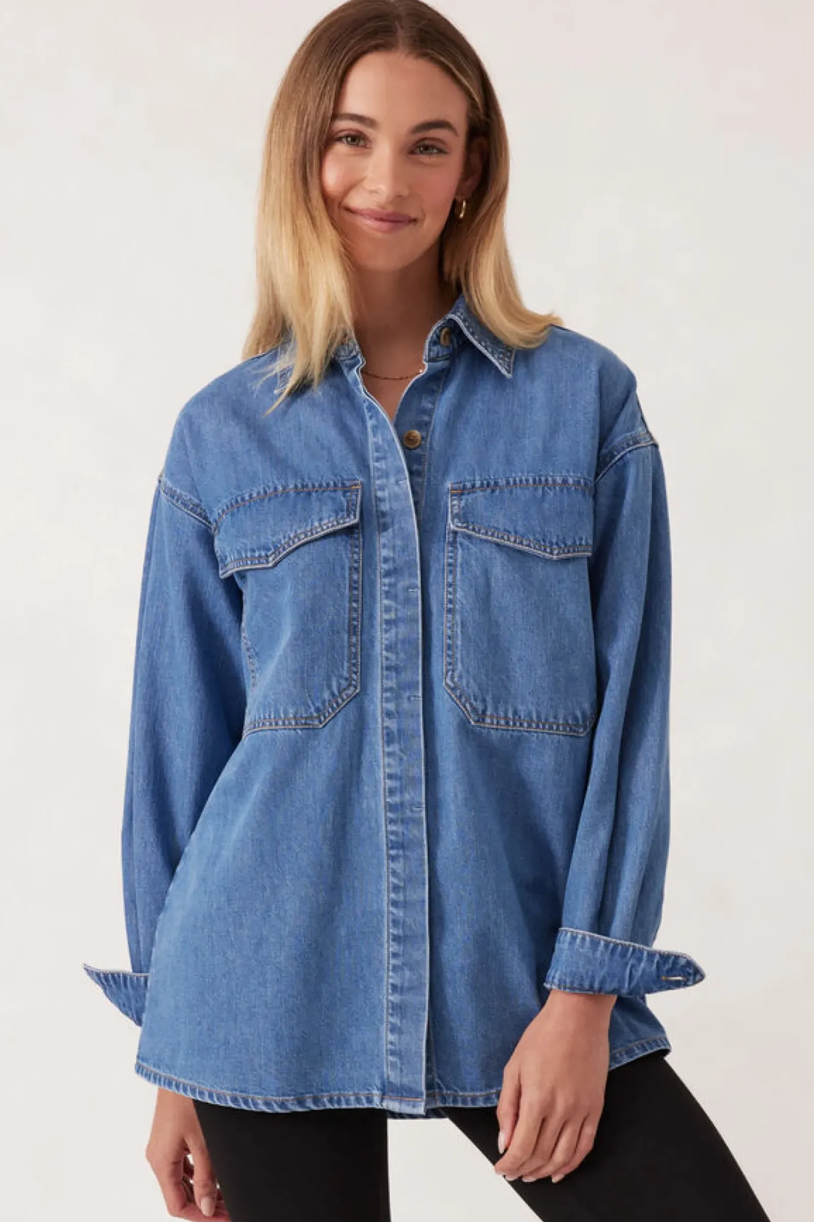 Women Ceres Life Essentials Denim Shirt- Mid Blue Wash