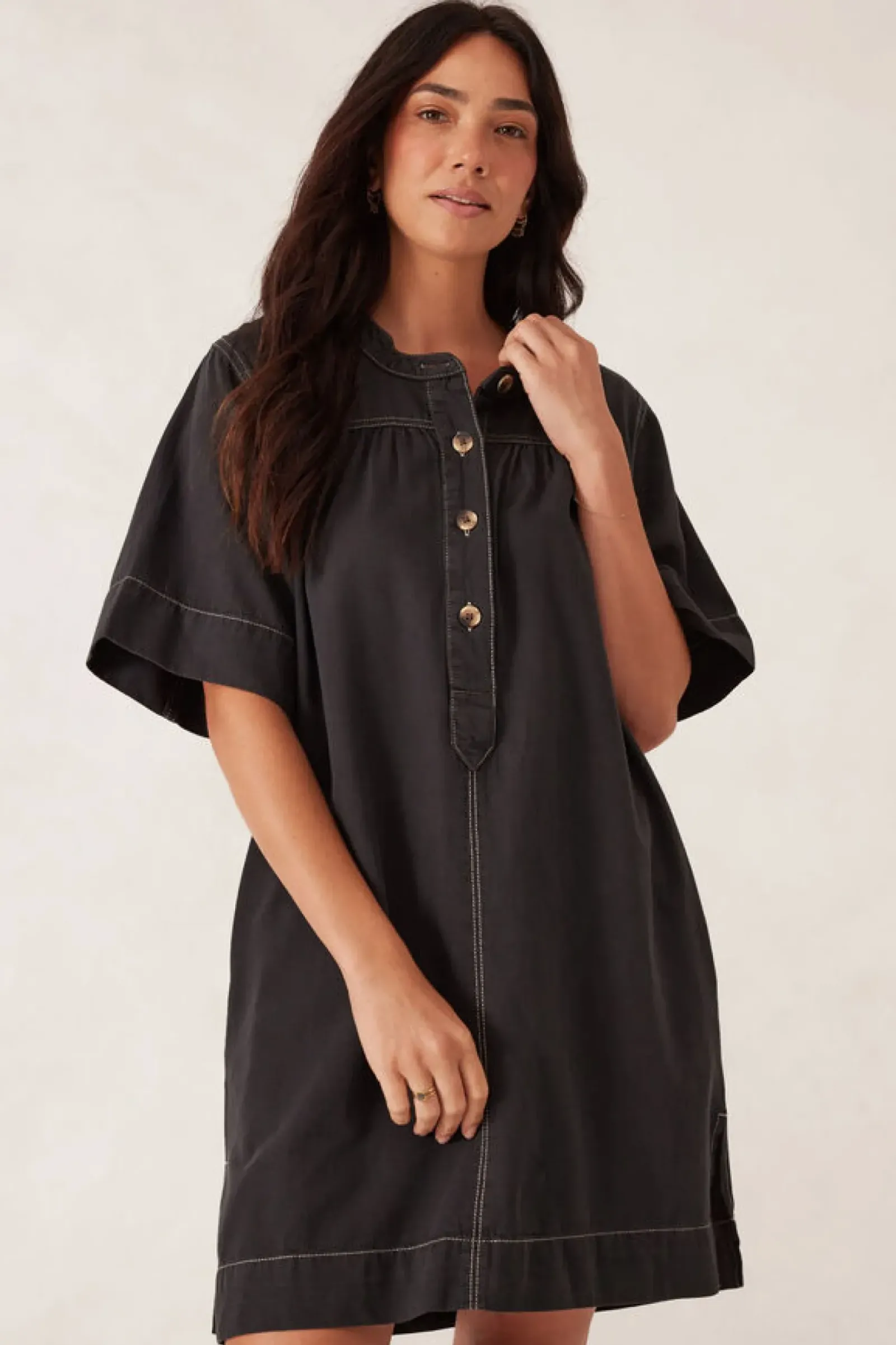 Women Ceres Life Half Placket Tunic Dress- Black Twill