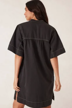 Women Ceres Life Half Placket Tunic Dress- Black Twill