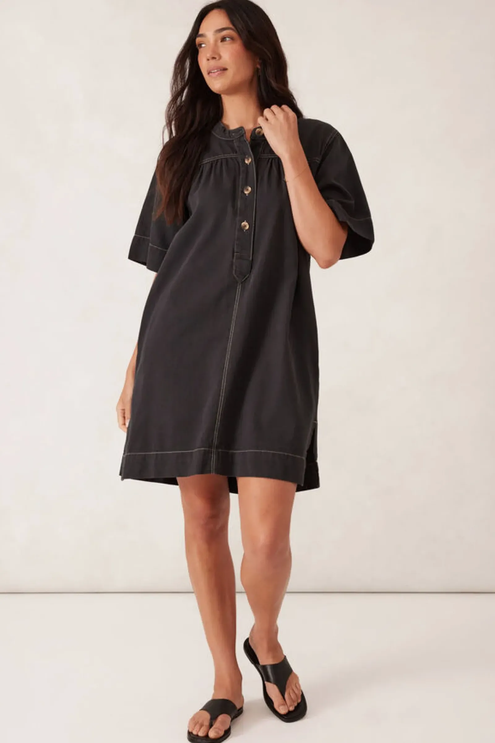 Women Ceres Life Half Placket Tunic Dress- Black Twill