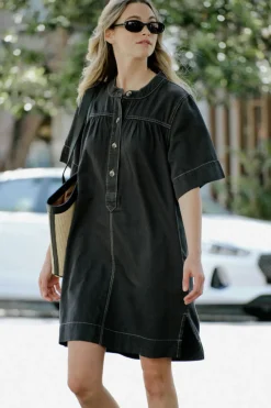 Women Ceres Life Half Placket Tunic Dress- Black Twill