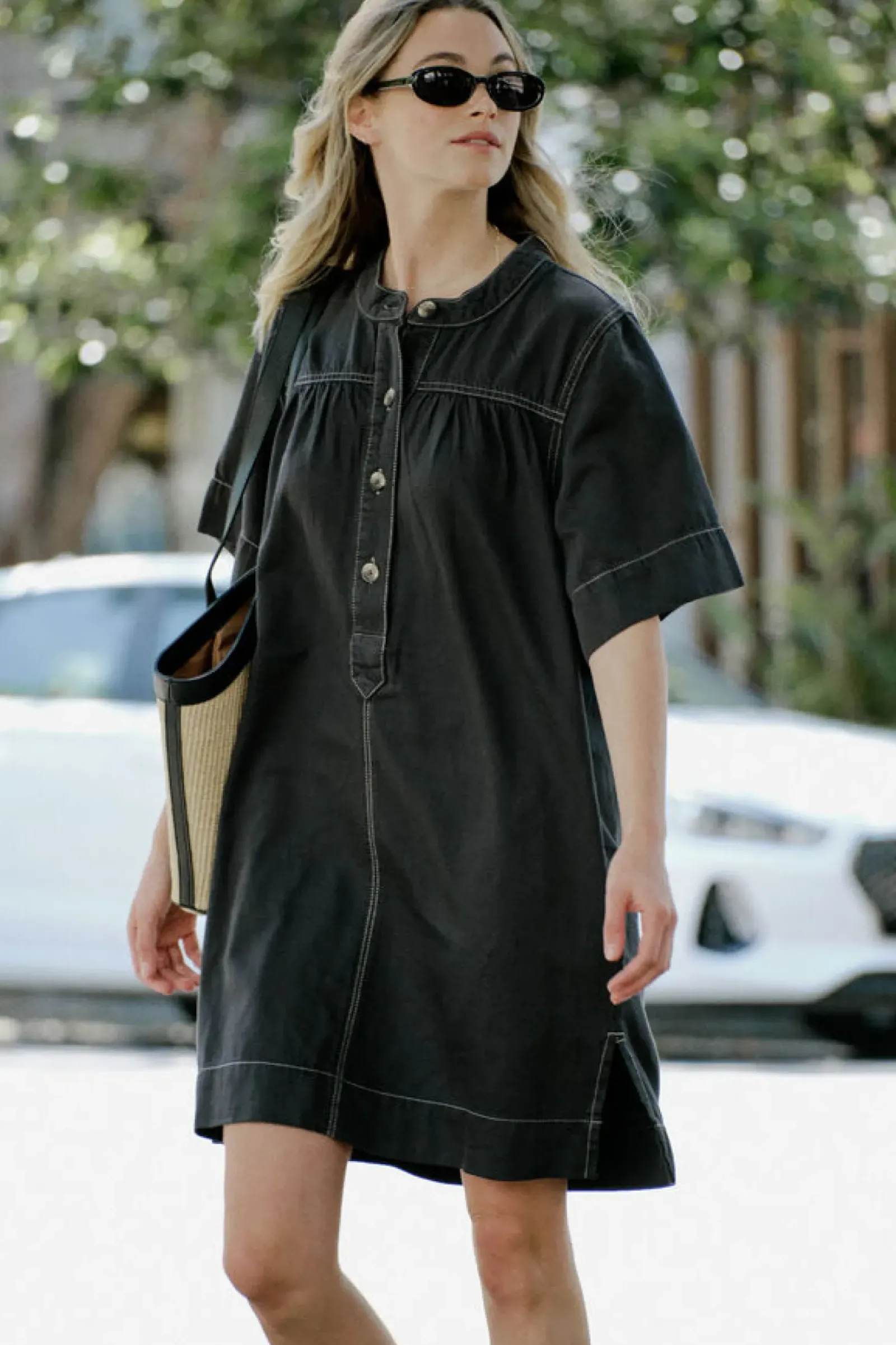 Women Ceres Life Half Placket Tunic Dress- Black Twill