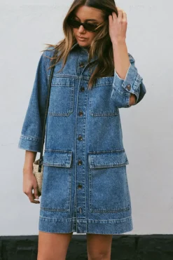 Women Ceres Life Half Sleeve Boxy Shirt Dress - Fresh Indigo Denim