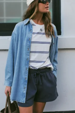 Women Ceres Life Longline Denim Shirt - Vintage blue