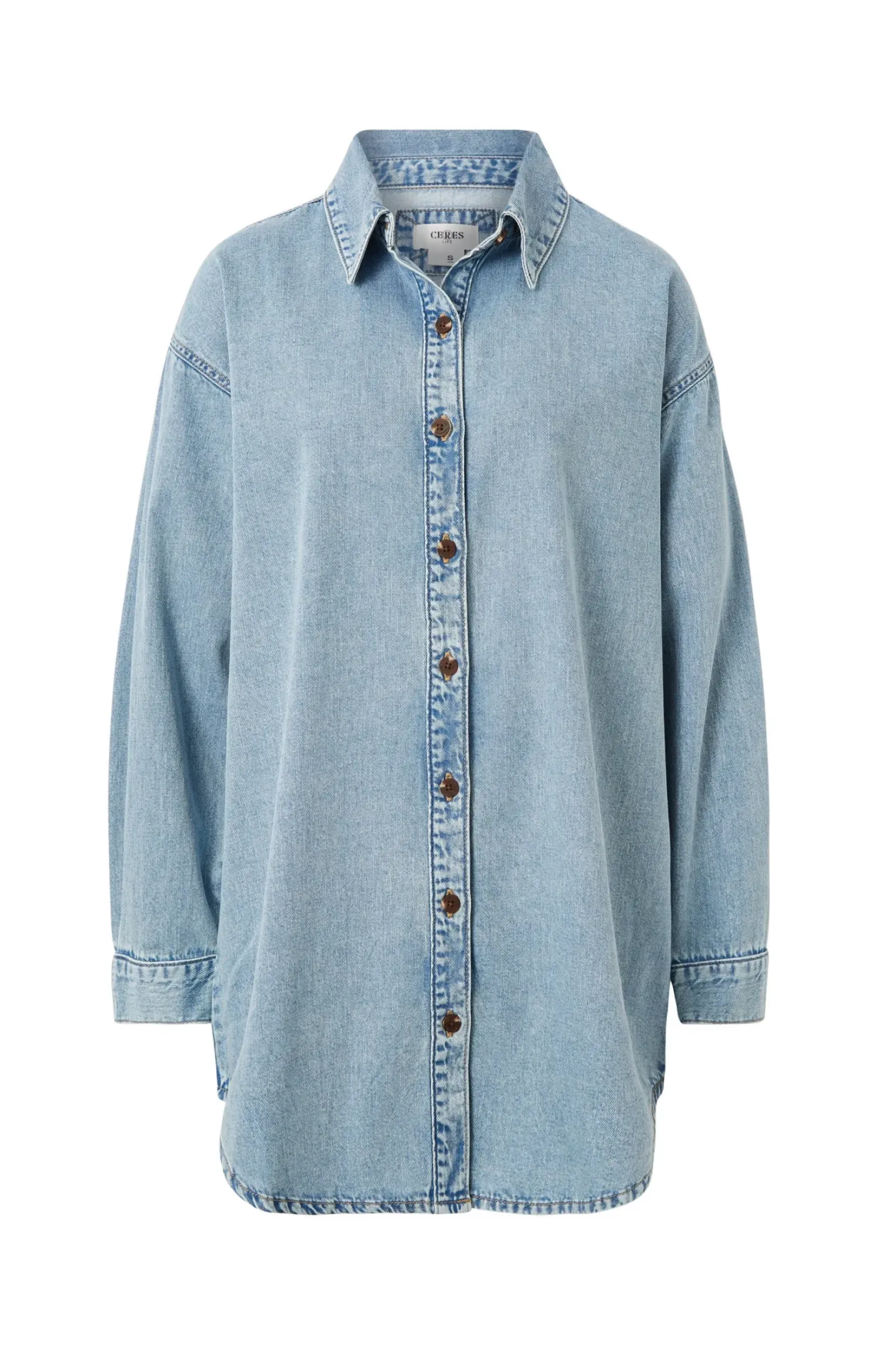 Women Ceres Life Longline Denim Shirt - Vintage blue