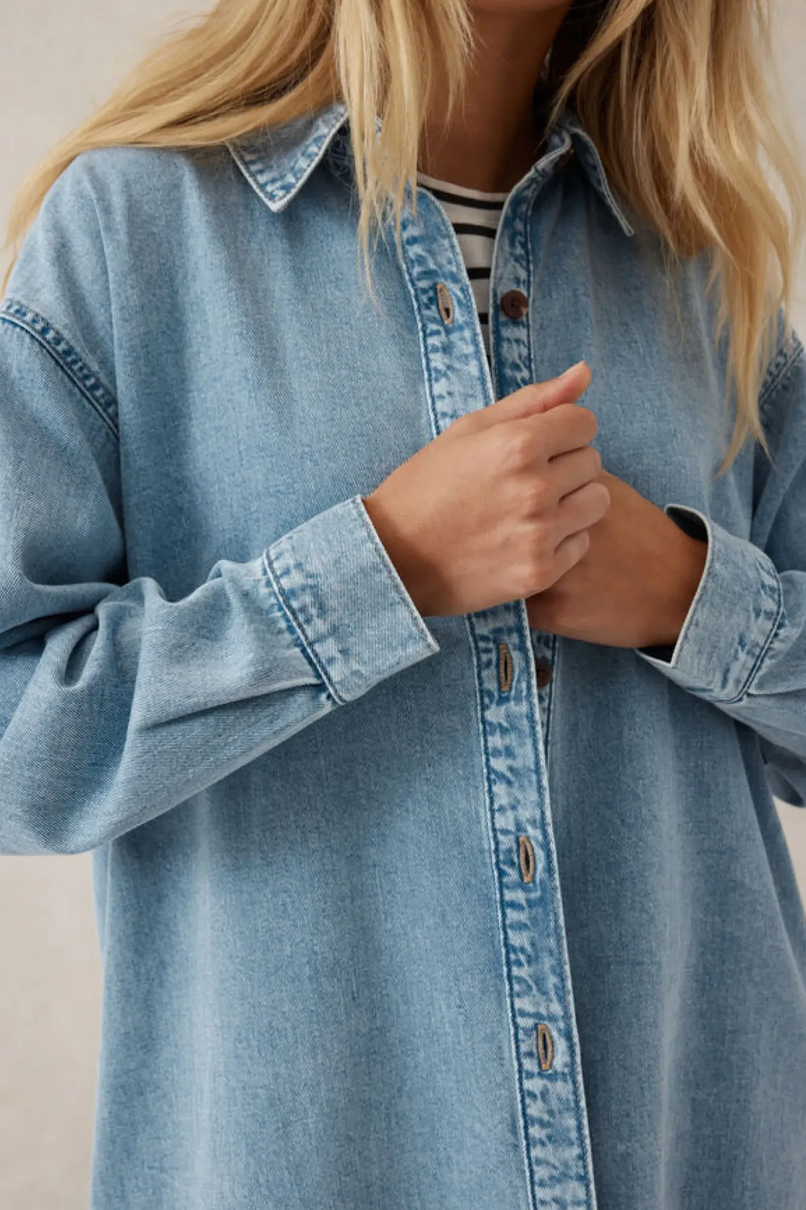 Women Ceres Life Longline Denim Shirt - Vintage blue