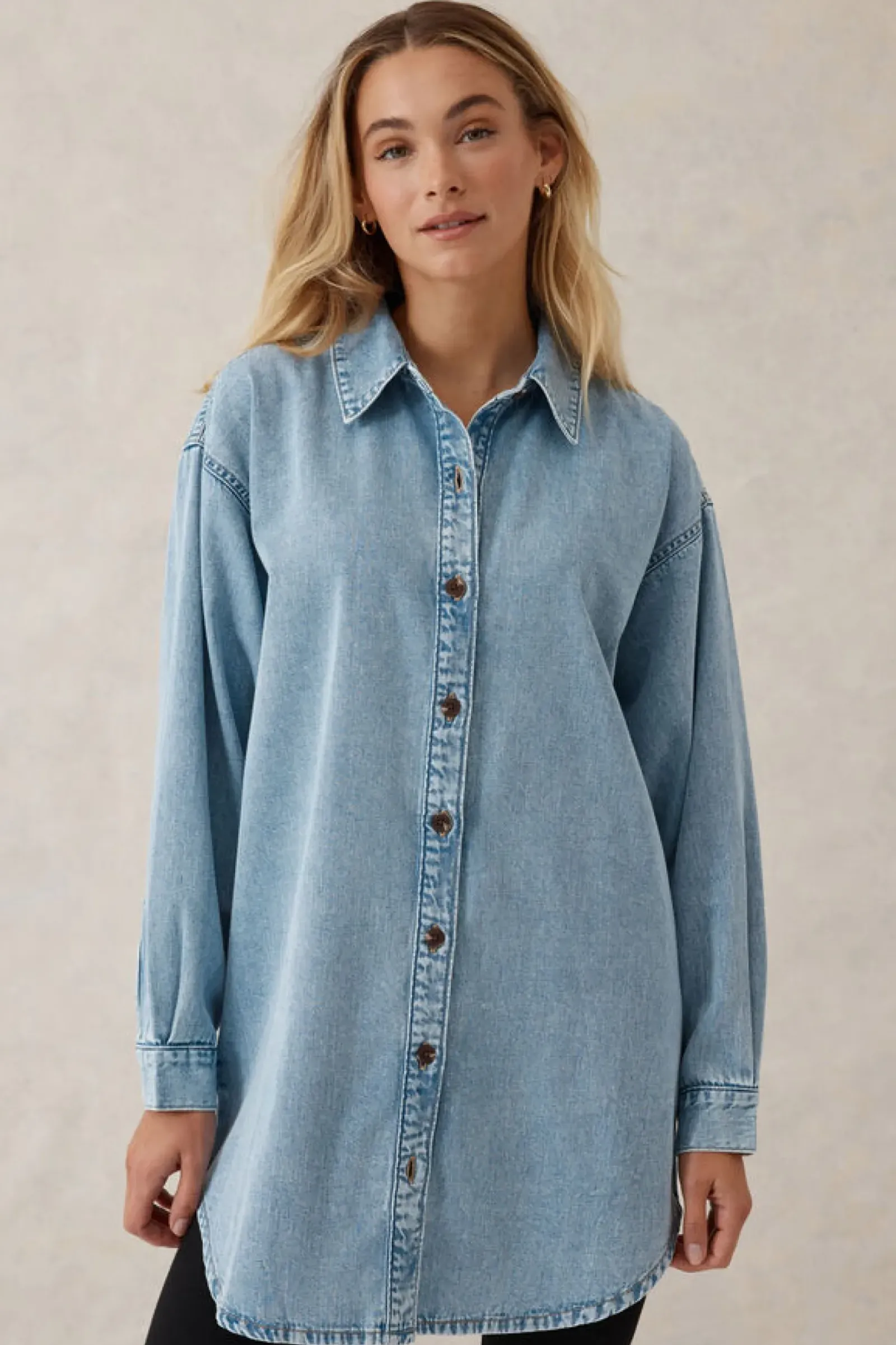 Women Ceres Life Longline Denim Shirt - Vintage blue