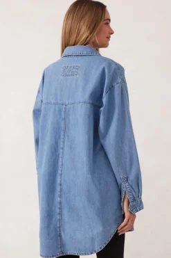 Women Ceres Life Longline Panelled Denim Shirt - Mid Vintage Blue