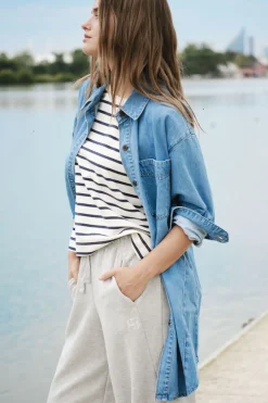 Women Ceres Life Longline Panelled Denim Shirt - Mid Vintage Blue