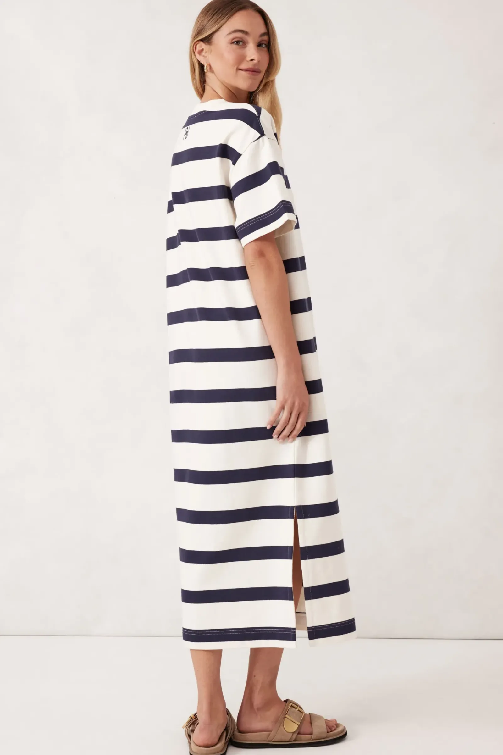Women Ceres Life Midi Terry Dress - White Navy Bold Stripe