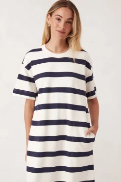Women Ceres Life Midi Terry Dress - White Navy Bold Stripe