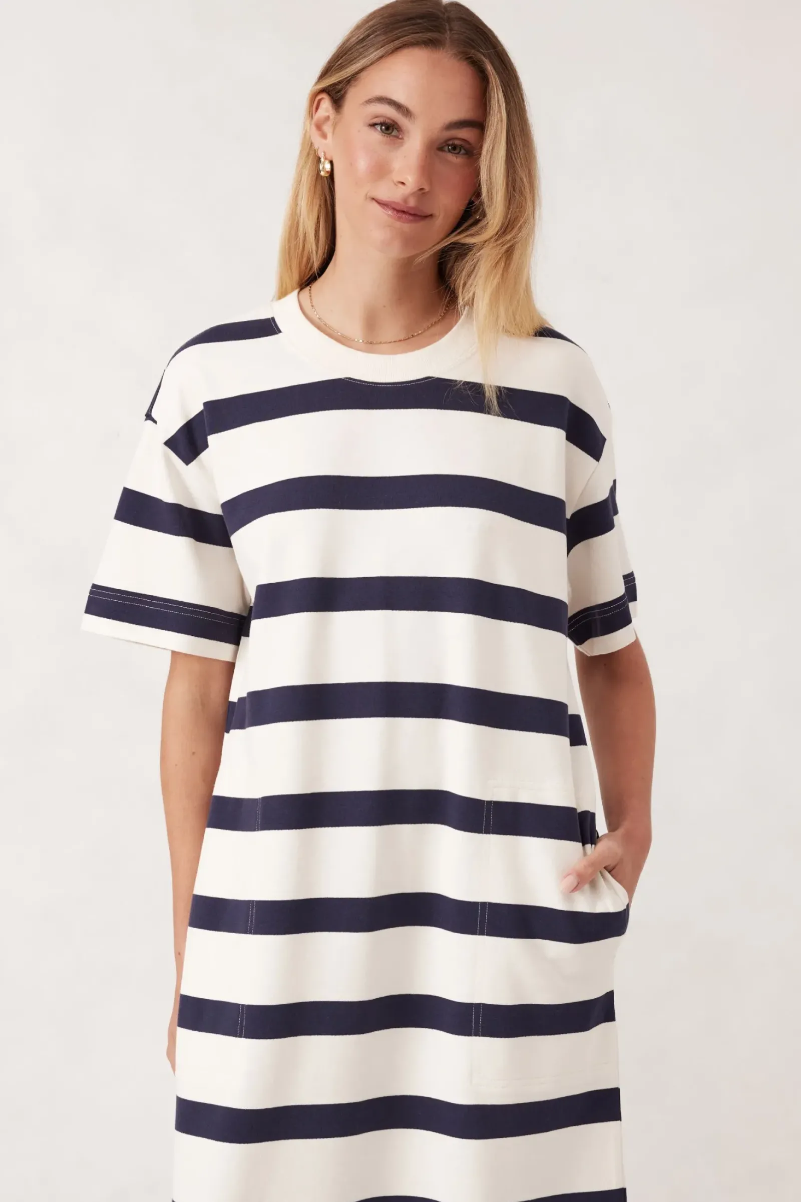 Women Ceres Life Midi Terry Dress - White Navy Bold Stripe