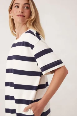 Women Ceres Life Midi Terry Dress - White Navy Bold Stripe