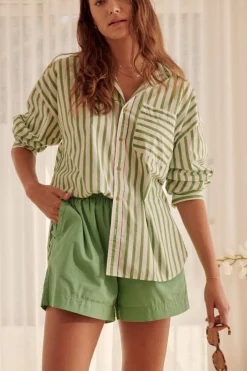 Women Ceres Life Oversized Organic Cotton Poplin Shirt - Splash Green White Stripe